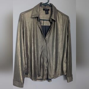 Rachel Zoe Gold Metallic Button Up Shirt Womens Size Medium Disco Y2K Shiny